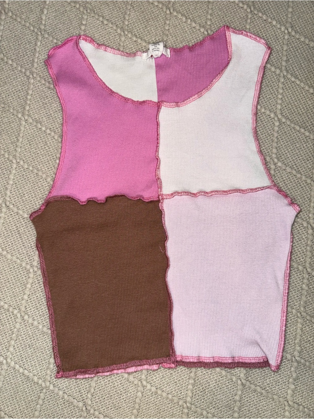 Full Tilt Colorblock Patchwork Ribbed Tank Top - Pink, Light Pink & Brown Size S